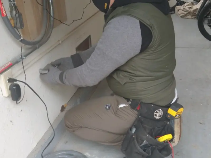 Electrician performing outlet wiring in a Bellevue garage